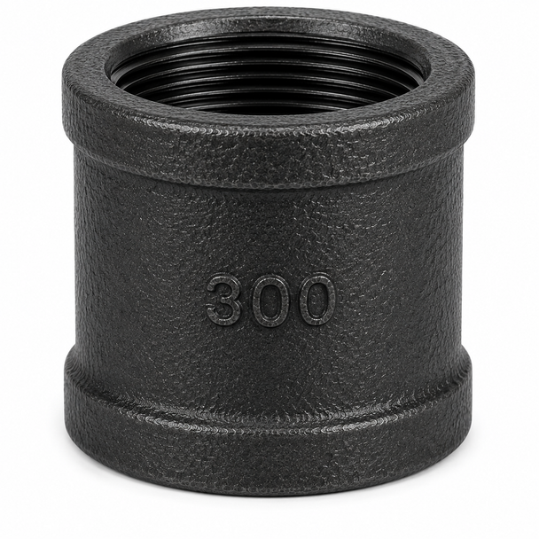 Charman 300# extra heavy black malleable iron threaded coupling on white background