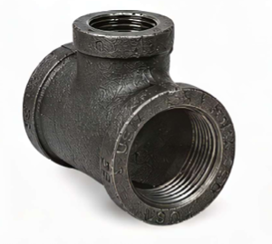 Ductile iron threaded tee with three female NPT connections for 90-degree branch piping.