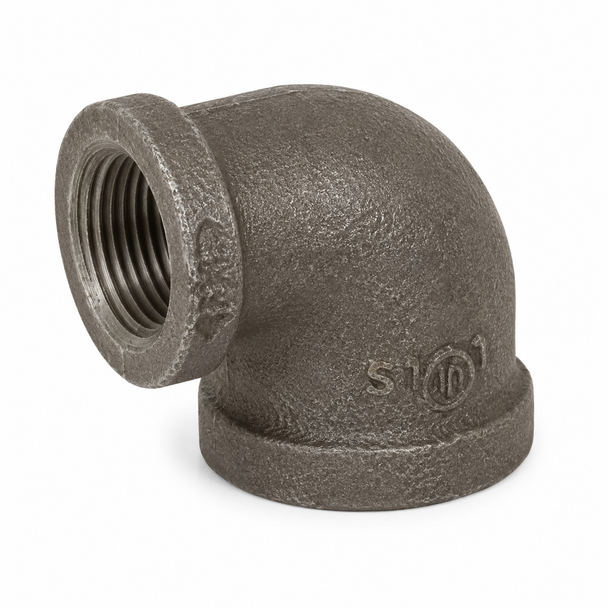 Ductile iron threaded 90° reducing elbow with female NPT connections in two different pipe sizes.