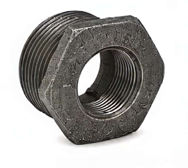Ductile iron threaded hex bushing with male and female NPT connections on a white background.