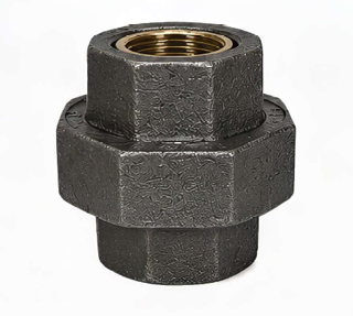 Ductile iron threaded union with brass seat and female NPT connections on a white background.