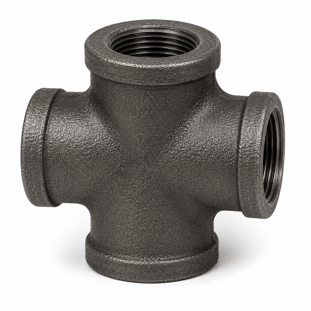 Ductile iron threaded cross with four female NPT connections on a white background.