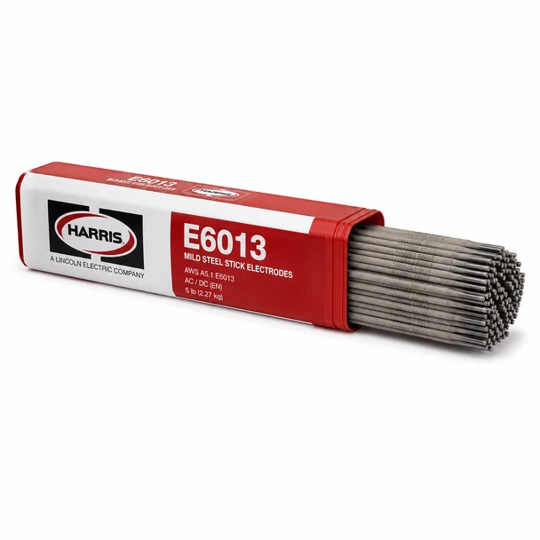 Harris E6013 mild steel stick welding electrodes in a red and white Harris electrode tube with coated welding rods.