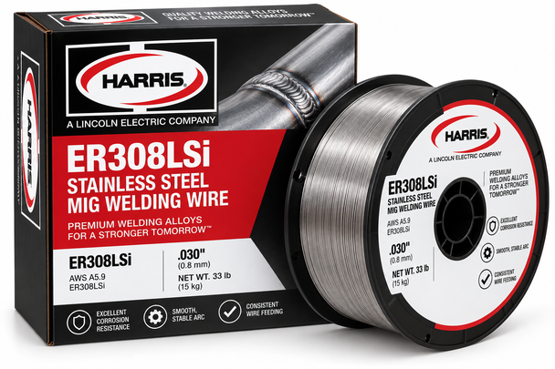Harris ER308LSi stainless steel MIG welding wire spool with product packaging