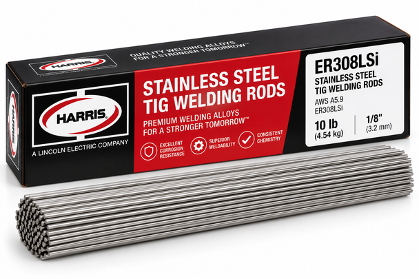 Harris ER308LSi stainless steel TIG welding rods with product packaging