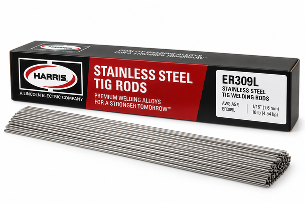 Harris ER309L stainless steel TIG welding rods with product packaging