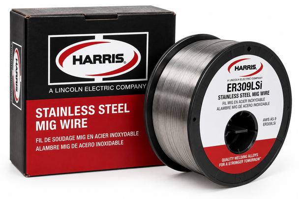 Harris ER309LSi stainless steel MIG welding wire spool with product packaging