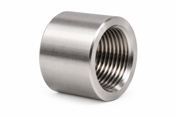 Representative Billco 304 stainless steel taper tapped half coupling, Class 1000, with female pipe threads