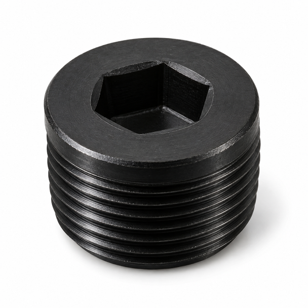 Representative product image: Billco black flush seal 7/8 taper hex socket plug with recessed hex drive and male tapered thread on white background.