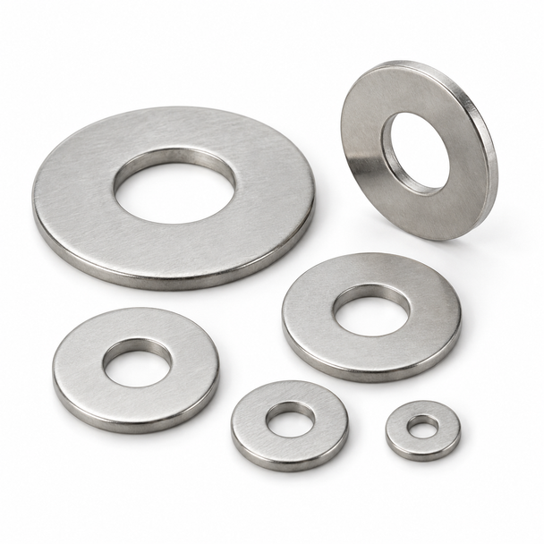 Type 304 stainless steel flat washers in multiple sizes