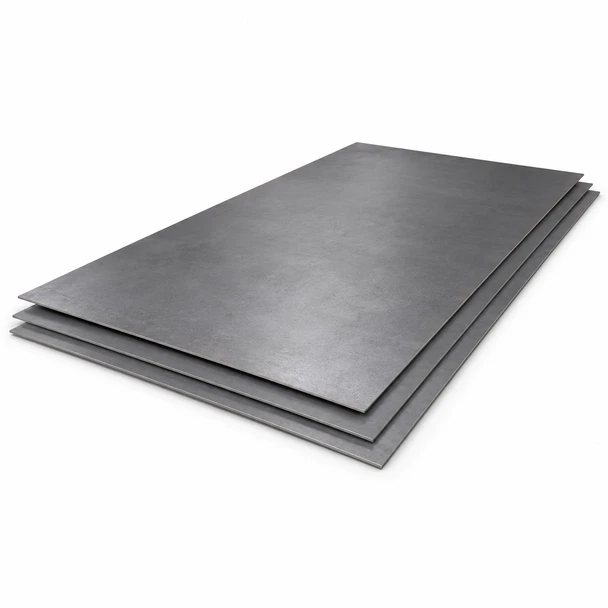 Stack of plain carbon steel sheets with flat surfaces and thin edges on a white background.