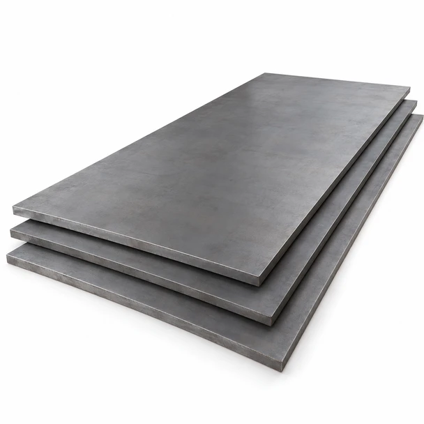 Stack of plain rectangular carbon steel plates with solid edges on a white background.