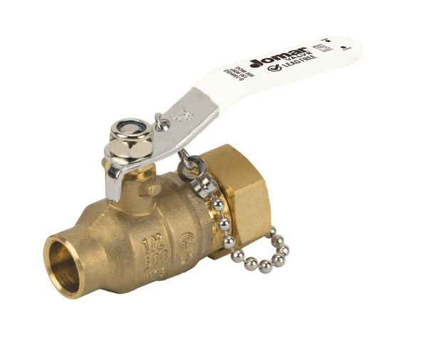 Lead Free Brass Ball Valve, Full Port, 2 Piece, Solder x Hose Connection, Stainless Steel Ball and Stem with Cap and Chain, Dezincification Resistant Brass, 600 WOG