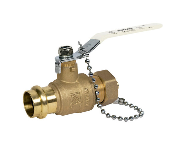 Lead Free Brass Ball Valve, Full Port, 2 Piece, Press x Hose Connection, Stainless Steel Ball and Stem with Cap and Chain, Dezincification Resistant Brass, 250 WOG