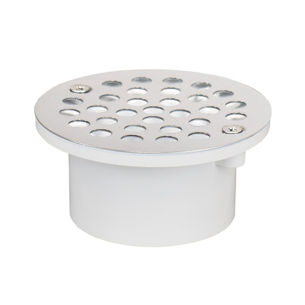 2" x 3" PVC General Purpose Long Body Drain w/ 4-1/4" Stamped Stainless Steel Round Stamped Strainer