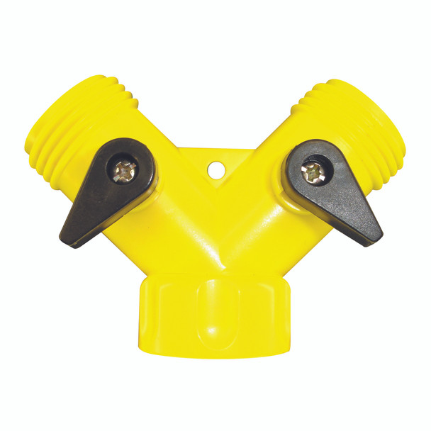 Plastic Siamese "Y" Connector w/ Shut-offs (3/4FHT inlet x 3/4"MHT outlets)