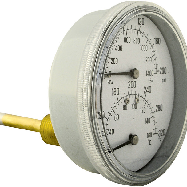 Angle Boiler Gauge 3-1/2" Face, 0-200 PSI, 70-320 degrees, 1/2" mount