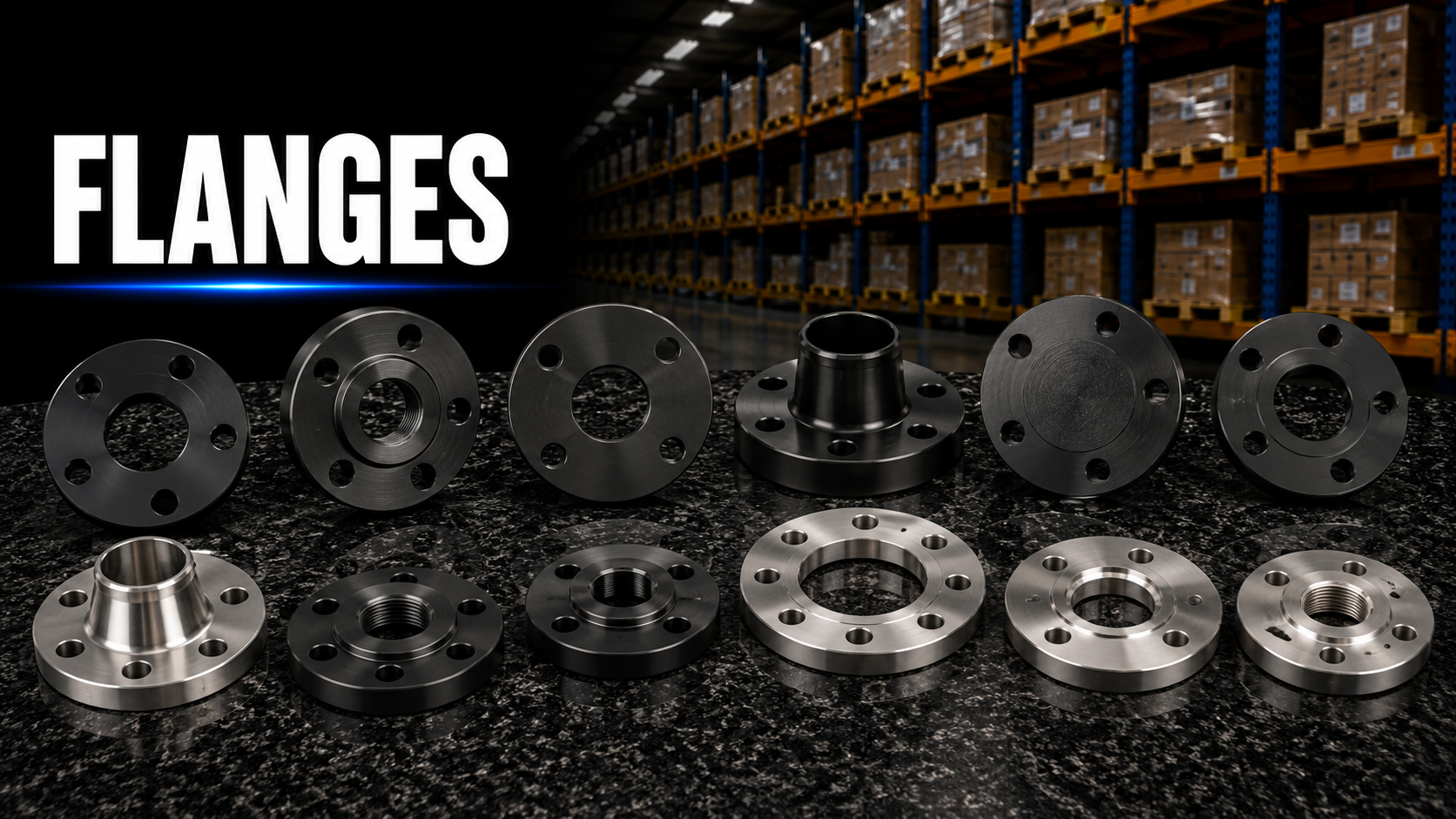 Pipe flanges including weld neck, slip-on, blind, threaded, lap joint, and socket weld flanges for industrial piping systems.