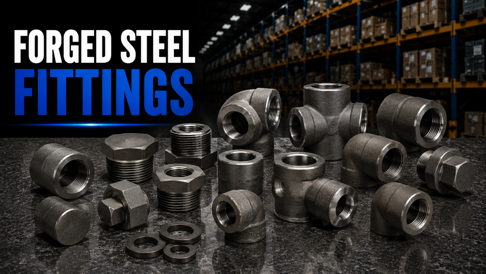 Forged steel fittings including socket weld and threaded elbows, tees, couplings, unions, bushings, and caps for high-pressure piping systems.