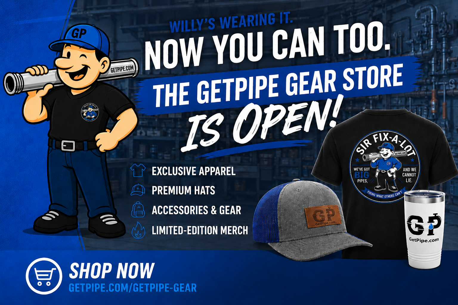 GetPipe Gear Store featuring exclusive pipefitter apparel, hats, tumblers, accessories, and Sir Fix-A-Lot merchandise for pipe professionals.