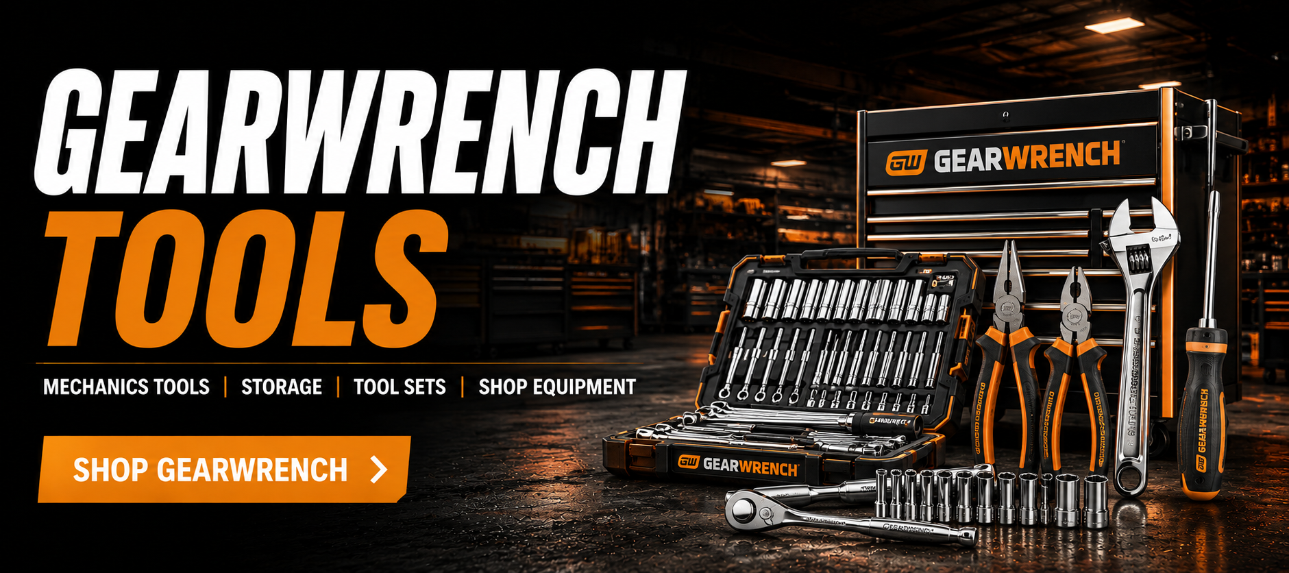 GearWrench mechanics tools including ratchets, sockets, wrenches, pliers, screwdrivers, tool storage, and professional automotive equipment.