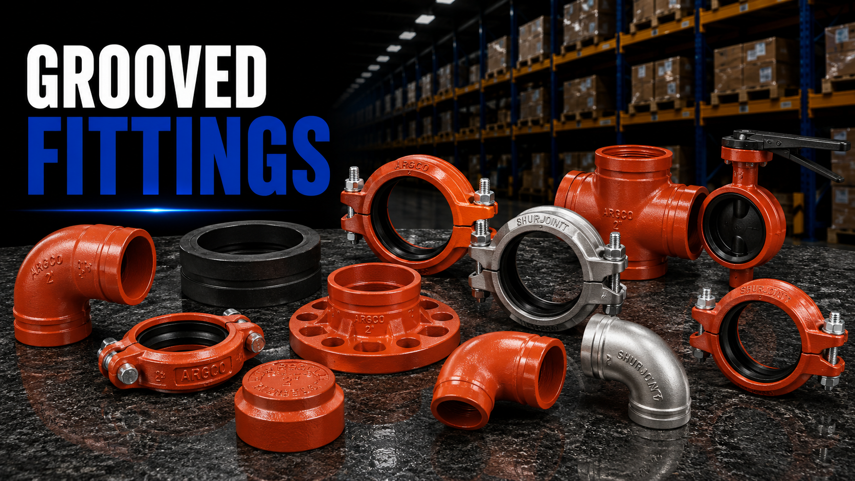 Grooved pipe fittings including couplings, elbows, tees, reducers, caps, and mechanical fittings for fire protection and commercial piping systems.