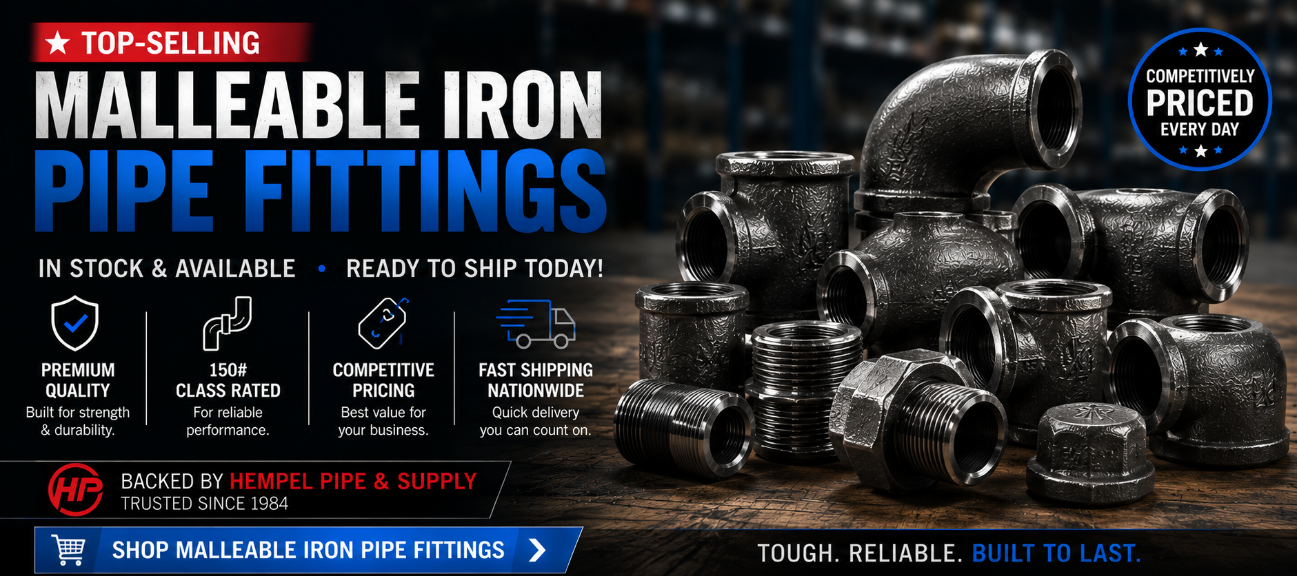 Top-selling black malleable iron pipe fittings in stock with real-time inventory, competitive pricing, and fast shipping from GetPipe.com.