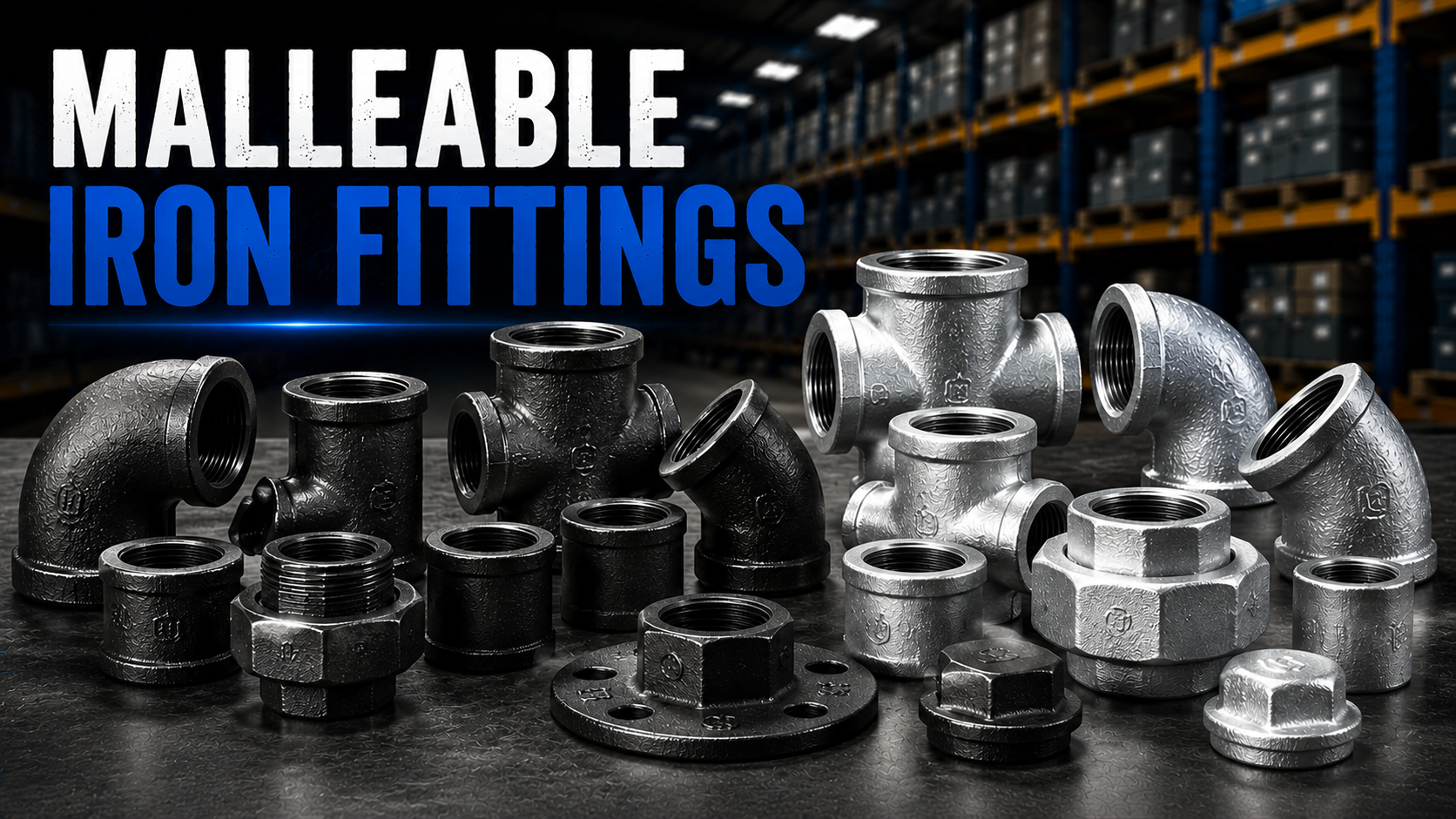 Malleable iron pipe fittings in black and galvanized finishes including elbows, tees, couplings, unions, and floor flanges.
