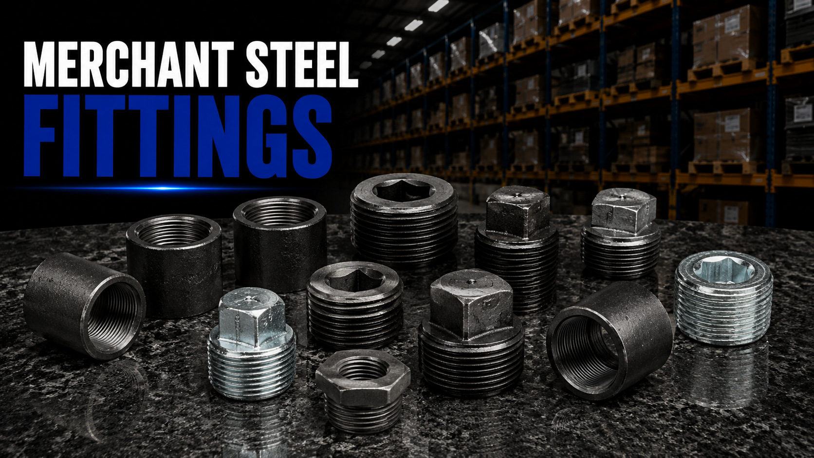Merchant steel fittings including weld elbows, tees, reducers, caps, and pipe fittings for industrial and commercial piping applications.