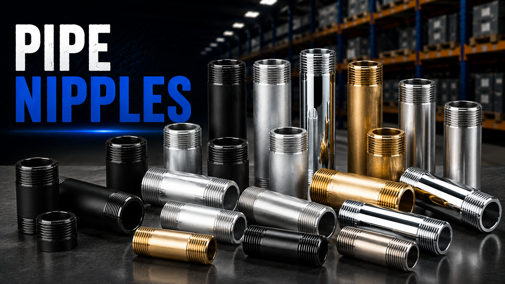 Pipe nipples in black steel, galvanized steel, stainless steel, brass, and Schedule 80 PVC.