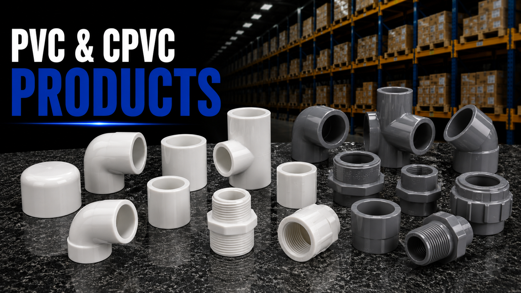 PVC and CPVC fittings including elbows, tees, couplings, adapters, reducers, and valves for plumbing, industrial, and chemical processing systems.
