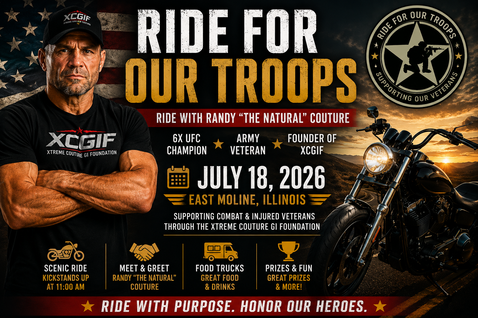 Ride For Our Troops charity motorcycle ride featuring Randy "The Natural" Couture supporting combat injured veterans through the Xtreme Couture GI Foundation.