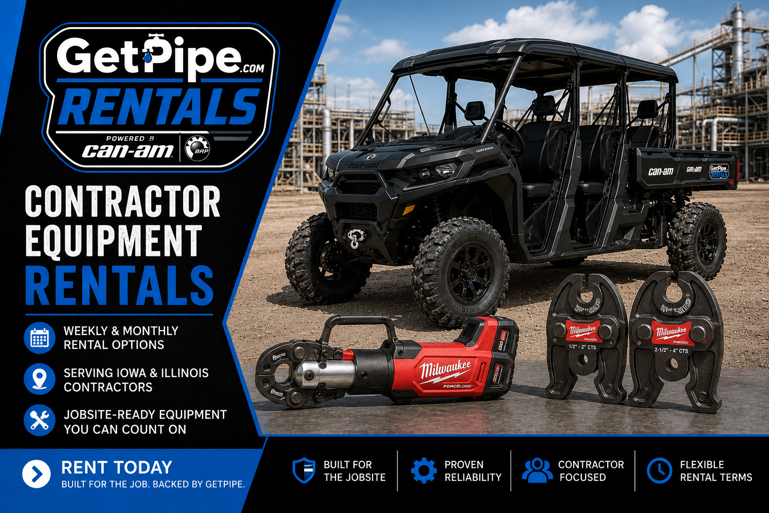 GetPipe Rentals contractor equipment including Can-Am Defender UTV rentals, Milwaukee FORCE LOGIC press tools, and ProPress jaw rentals for Iowa and Illinois contractors.