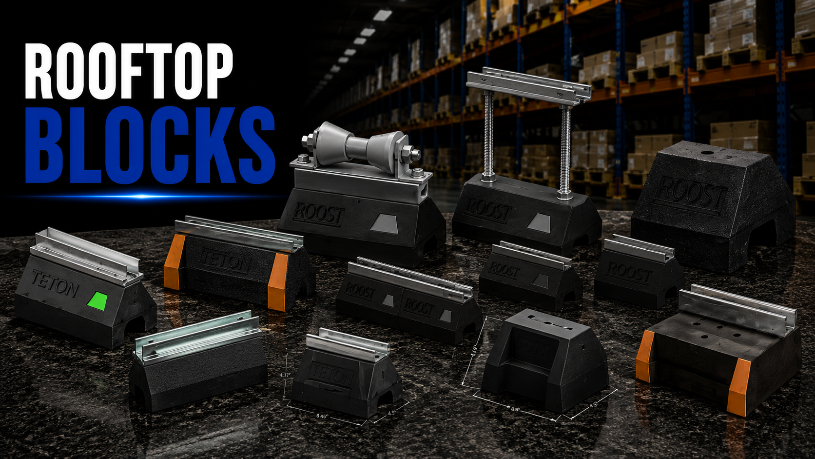 Rooftop support blocks and equipment mounting systems for pipe, conduit, ductwork, HVAC, and mechanical installations.