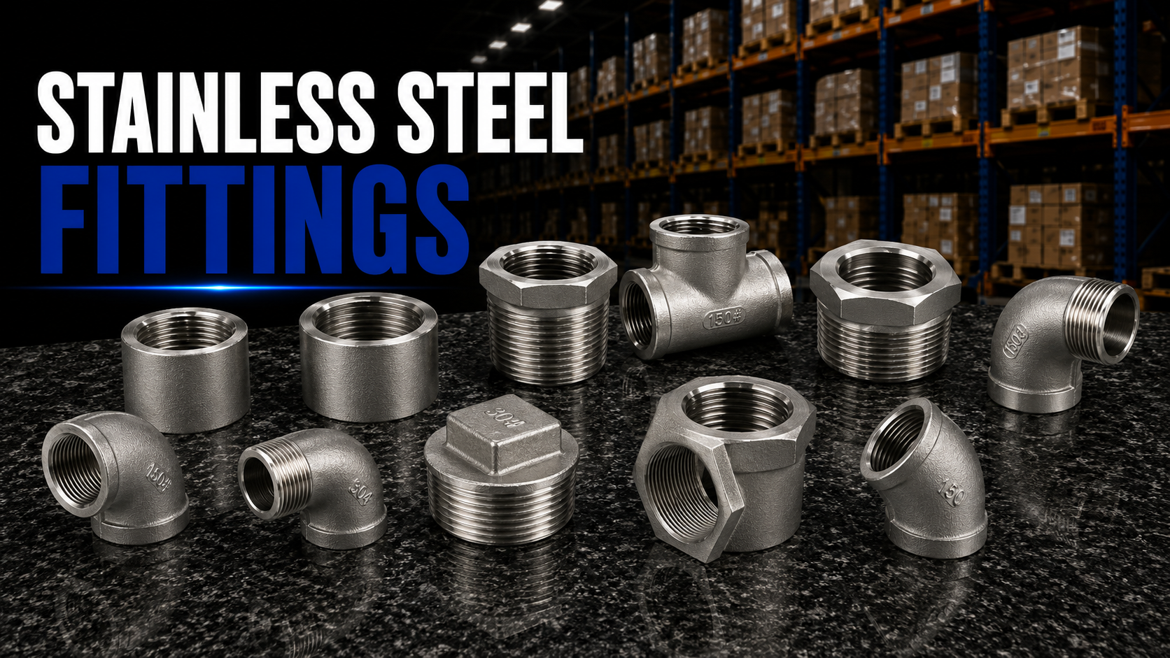 Stainless steel fittings including elbows, tees, couplings, reducers, unions, and adapters for industrial, food-grade, and corrosion-resistant piping systems.