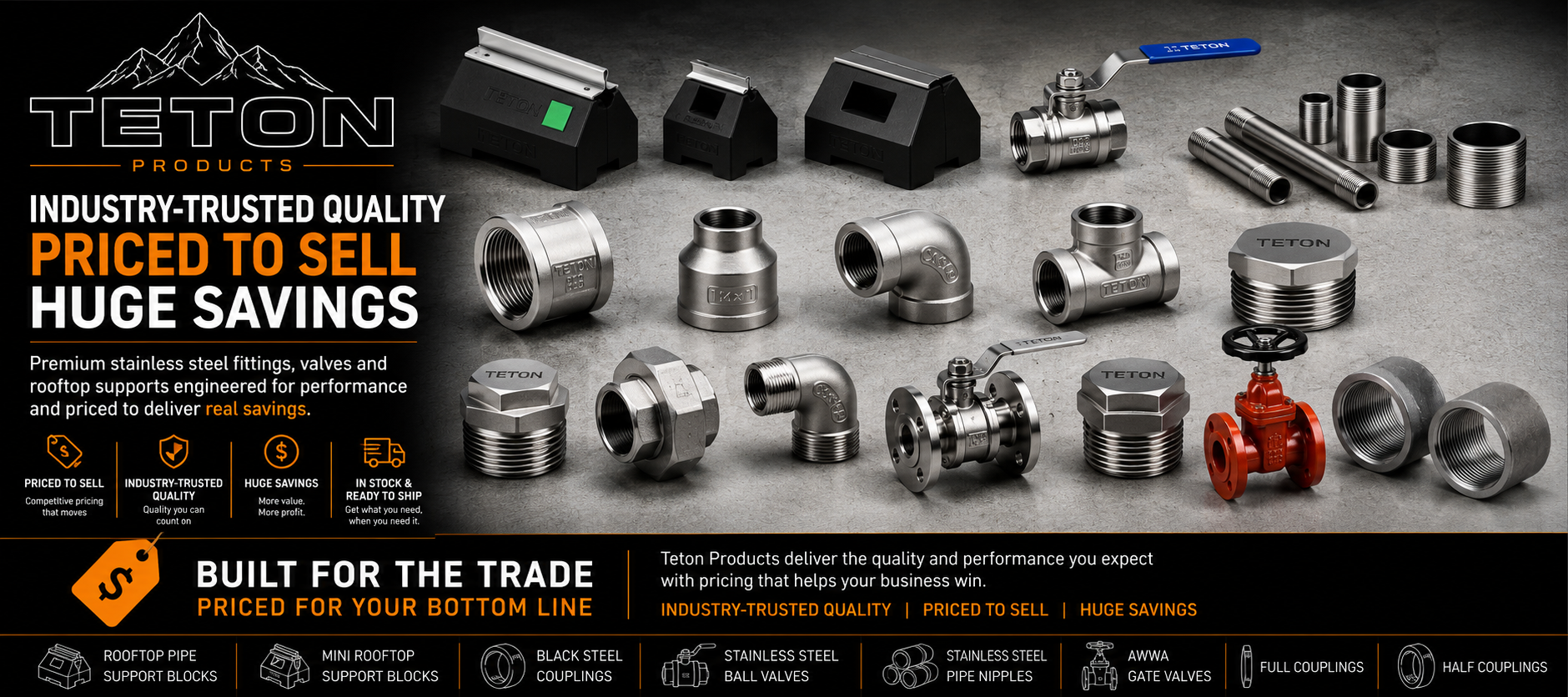 Teton Products industrial PVF banner featuring rooftop pipe support blocks, stainless steel threaded fittings, black steel couplings, stainless steel ball valves, stainless steel pipe nipples, and AWWA gate valves available at GetPipe.com.