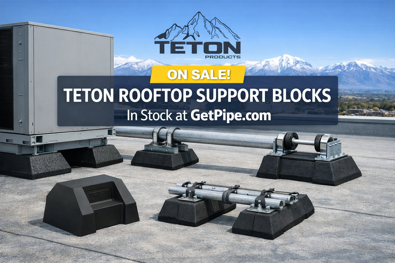 Teton rooftop support blocks for HVAC, pipe and strut systems on commercial rooftops – rubber rooftop pipe supports available at GetPipe.com