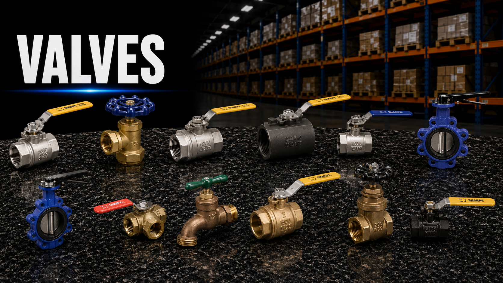 Industrial valves including ball valves, butterfly valves, gate valves, globe valves, check valves, and control valves for commercial and industrial piping systems.