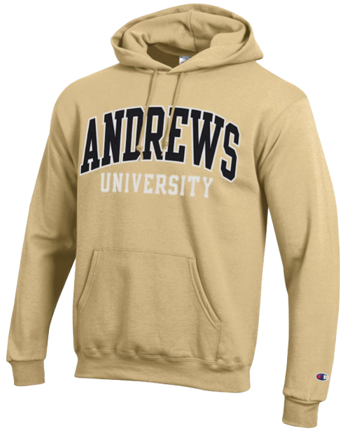 B- Champion, Hoodie, Yellow - Andrews University in black and embroidered
