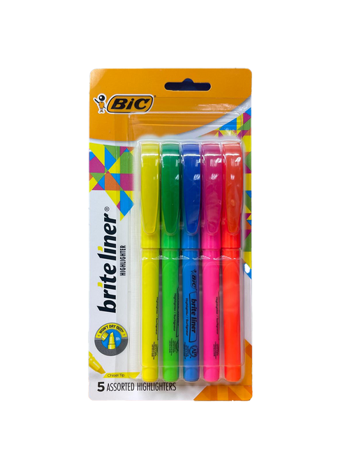 Bic, Brite Liner Highlighter, Assorted Colors, 5 Pack