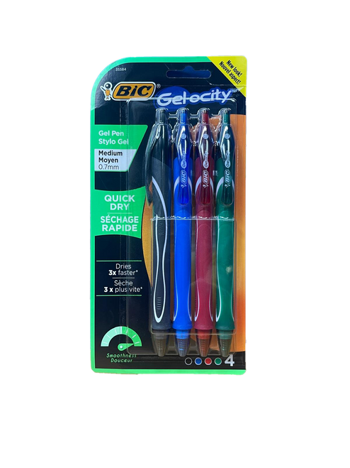 B - Bic, Gelocity Quick Dry 0.7mm Pen, Assorted Colors,  4 Pack