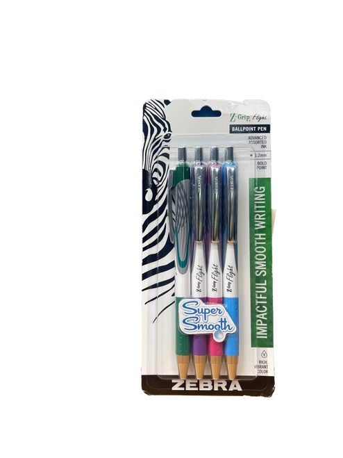 B - Zebra, Z-Grip Flight,  Super Smooth 1.2mm Ballpoint,  Assorted Color Pen  4pk