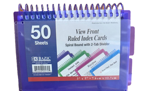 Basic - Ruled Index Cards 3 x 5, Spiral Bound w/2 Tabs, 50sheets - Various colors