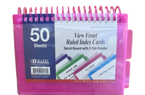 Basic - Ruled Index Cards 3 x 5, Spiral Bound w/2 Tabs, 50sheets - Various colors