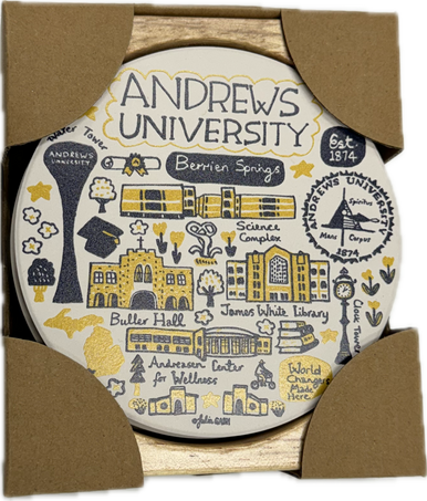 JG 4 Pack Roud Stone Coaster w/wood Holder - AU Campus Art