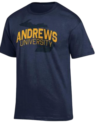 B - Champion, SS Tee, Navy Blue - Andrews University- MI Map