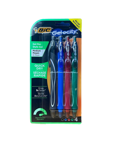 B - Bic, Gelocity Quick Dry 0.7mm Pen, Assorted Colors,  4 Pack