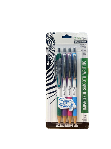 B - Zebra, Z-Grip Flight,  Super Smooth 1.2mm Ballpoint,  Assorted Color Pen  4pk