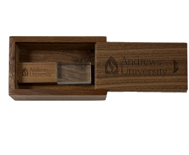 Flash Drive USB-A 64GB in a wood box- Andrews University Logo Engraved