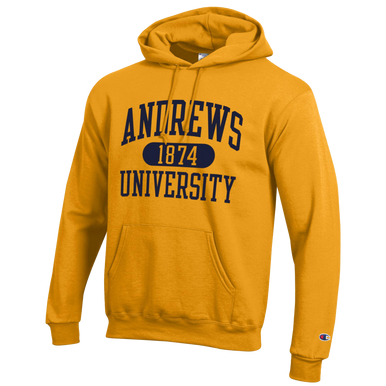 B - Champion, Hoodie, Powerblend Fleece, Gold - Vertical arched Andrews over 1874